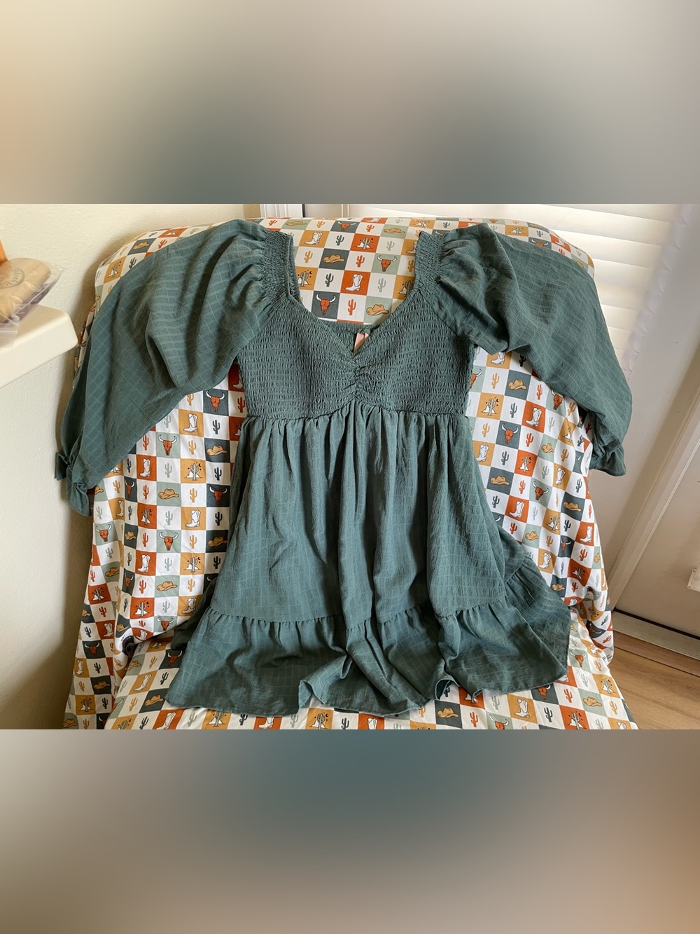 Smocked Puff Sleeve Dress in Sage Green